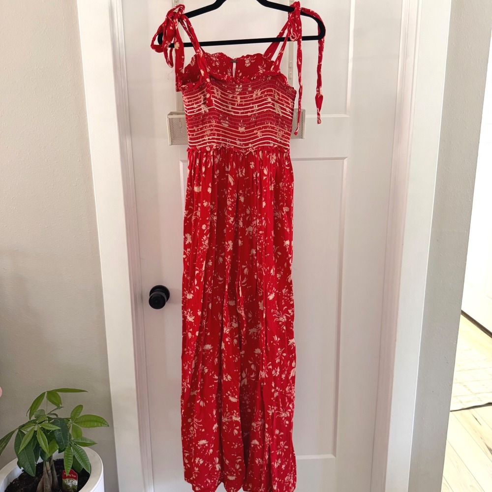 Free People Color My World‎ Jumpsuit Red Ditsy Floral Smocked Wide Leg Boho XS